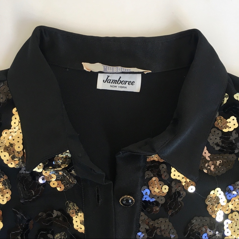 Vintage I. Magnin Jamboree of NY Black Blouse Gold trim & sequins USA L/XL - Picture 5 of 7